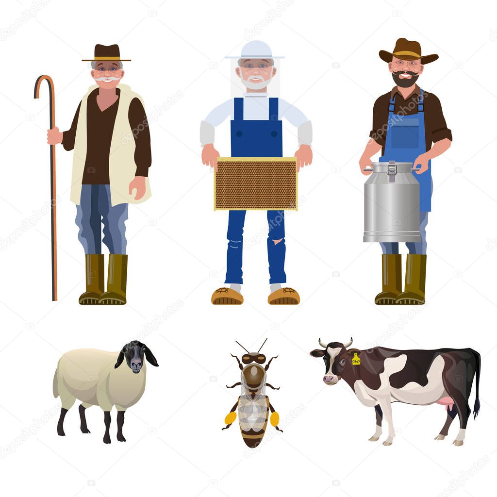 Set of people of different agricultural professions together with its products: milkman, beekeeper and shepherd. Vector illustration isolated on white background