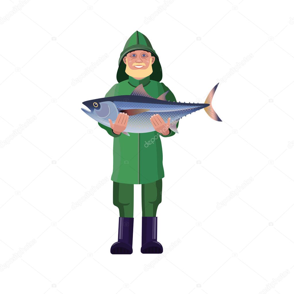 Fisherman in waterproof suit holding tuna fish. Vector illustration isolated on white background