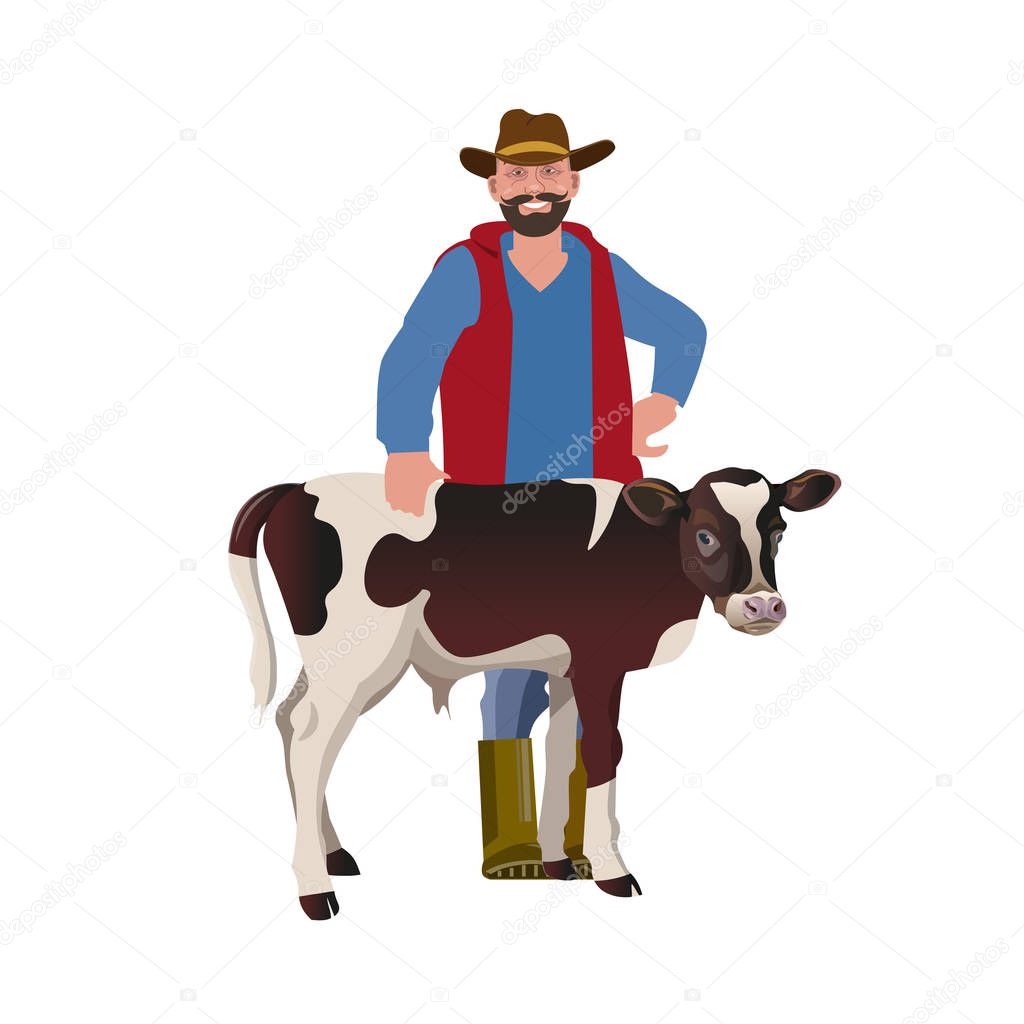 Farmer with a calf. Vector illustration isolated on white background