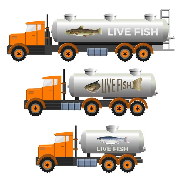 Ensemble Camions Citernes Poissons Vecteurs Illustration Isolée Sur Fond Blanc — Image vectorielle