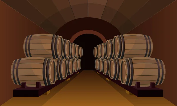 木製の樽はワイン貯蔵室に積まれて ベクトル図 — ストックベクタ