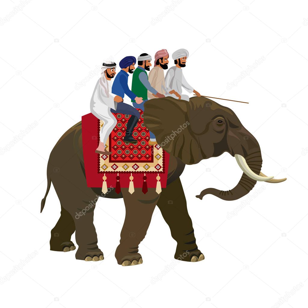 People riding the elephant. Vector illustration isolated on white background