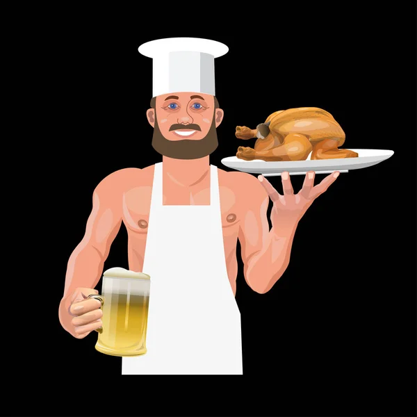 Barman holding bier en gebakken kip — Stockvector