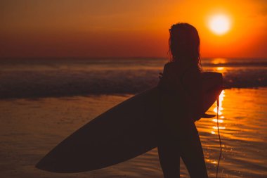 Arkadan Görünüş sörfçü kadın silueti ufukta batımını surfboard ile 