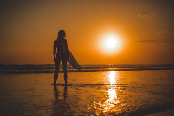 back view of woman with surfboard in sea, sunset time