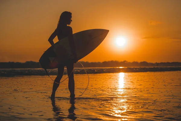 sörfçü kadın silueti günbatımında poz denizde surfboard ile yan görünüm