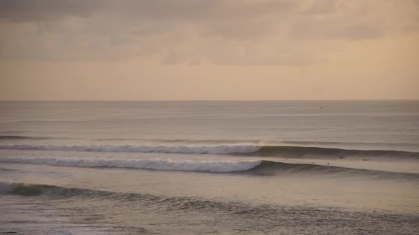 Silhuetas Pessoas Surfando Nas Ondas Mar Pôr Sol — Vídeo de Stock