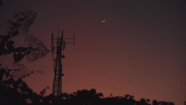 黑暗的日出天空下5G塔的低角度视图 — 图库视频影像