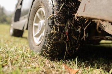 Golf arabası yeşil çimlere park edilmiş. Bali. Endonezya