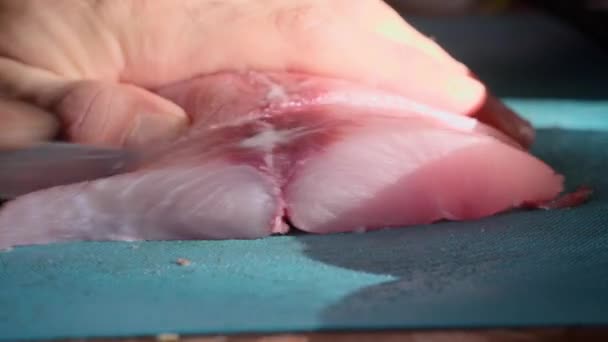 Close Částečný Pohled Osobu Krájení Marlin Steak Nožem — Stock video