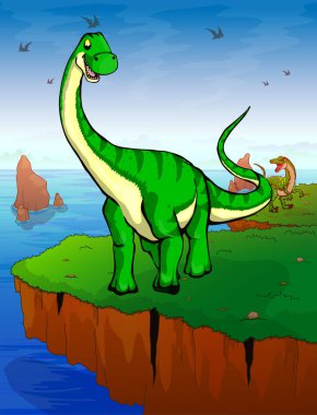 Diplodocus deniz arka plan üzerinde. Vektör çizim.