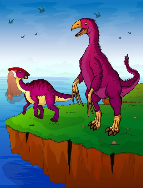 Therizinosaurus Und Parasaurolophus Auf Dem Hintergrund Des Meeres — Stockvektor