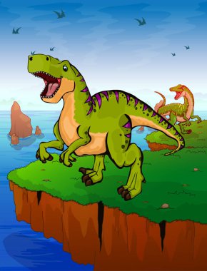 Tyrannosaur'u deniz arka plan üzerinde. Vektör çizim.