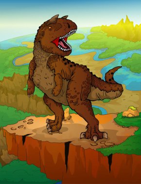 Manzara arka plan üzerinde karnotor. Bir çizgi film dinozor vektör çizim