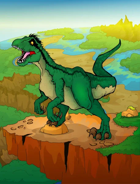Raptor Krajinném Zázemí Vektorové Ilustrace Kreslené Dinosaura — Stockový vektor