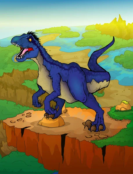 Raptor Com Fundo Paisagem Ilustração Vetorial Dinossauro Dos Desenhos Animados —  Vetores de Stock