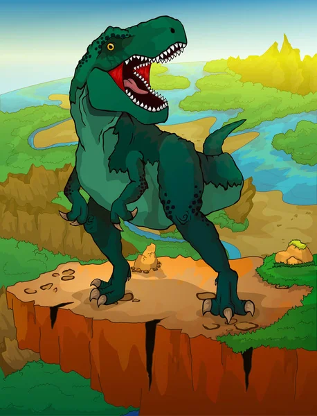 Tiranossauro Com Fundo Paisagístico Ilustração Vetorial Dinossauro Dos Desenhos Animados — Vetor de Stock