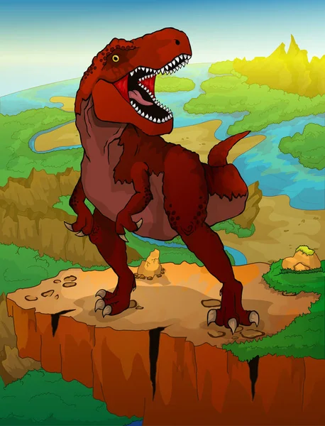 Tyrannosaurus Krajinném Zázemí Vektorové Ilustrace Kreslené Dinosaura — Stockový vektor