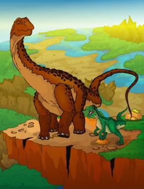 Diplodocus ve raptor manzara arka plan ile. 
