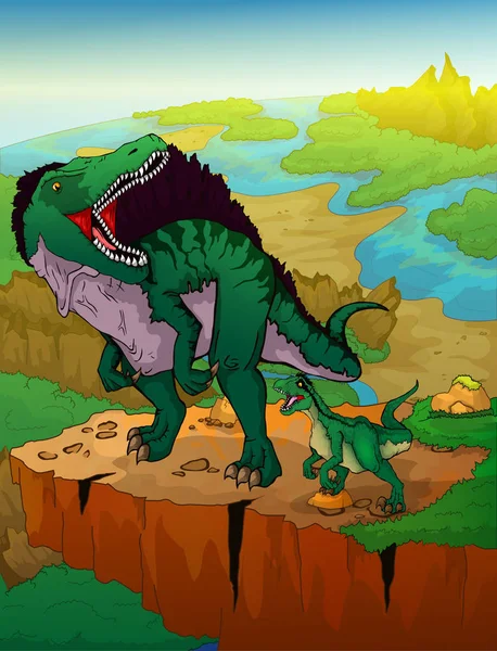Spinosaurus Dan Raptor Dengan Latar Belakang Lanskap - Stok Vektor