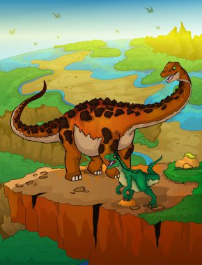 Diplodocus ve raptor manzara arka plan ile. Vektör çizim.