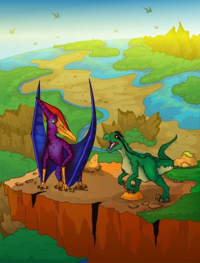 Pteranodon ve raptor ile arka plan manzara. Vektör çizim.