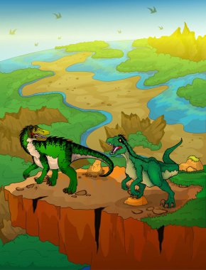 Baryonyx ve raptor ile arka plan manzara. Vektör çizim.