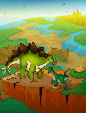 Stegosaurus ve raptor manzara arka plan ile. Vektör çizim.