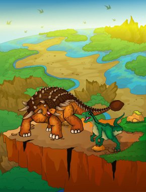 Ankylosaurus ve raptor ile arka plan manzara. Vektör çizim.
