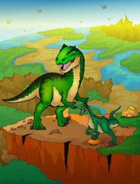 Allosaurus ve raptor ile arka plan manzara. Vektör çizim.