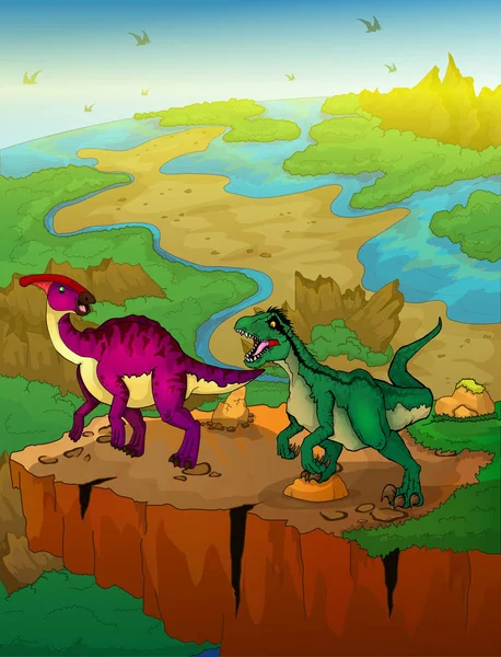 Parasaurolophus 和猛禽的景观背景 矢量插图 — 图库矢量图片