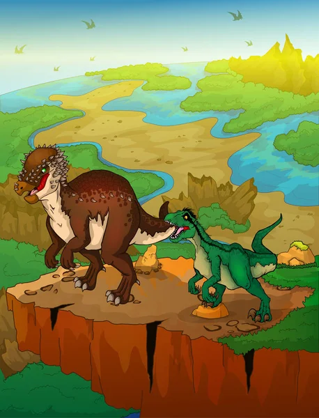 Pachycephalosaurus Dan Raptor Dengan Latar Belakang Lanskap Ilustrasi Vektor - Stok Vektor