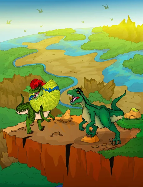 Dilophosaurus ve raptor ile arka plan manzara. Vektör çizim.