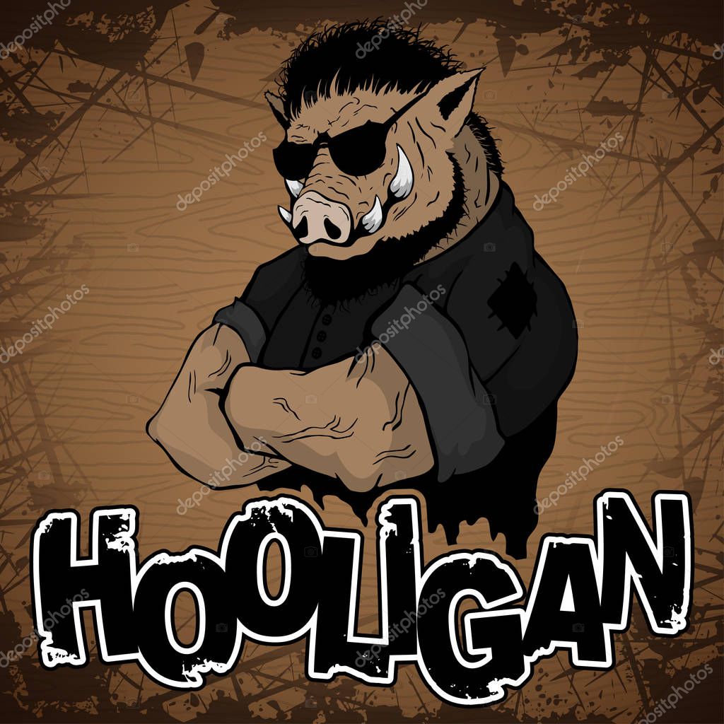 Hooligan-boar image on a wooden background.
