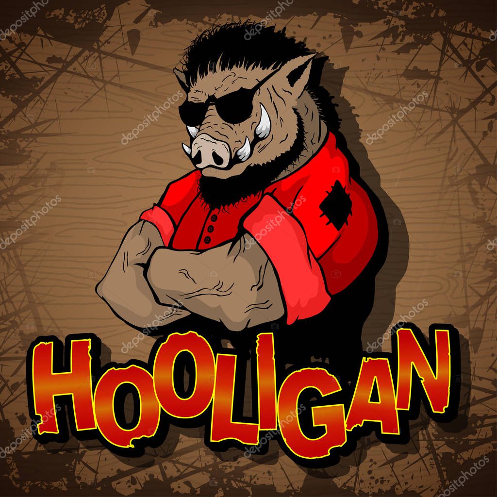 Hooligan-boar image on a wooden background.