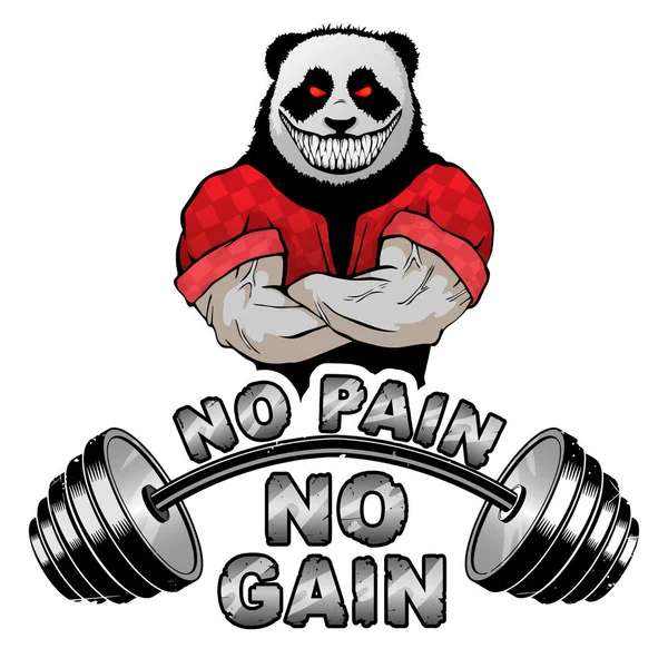 Vector Illustration Barbell Strong Panda Pain Gain Inspirational Lettering — Stock Vector