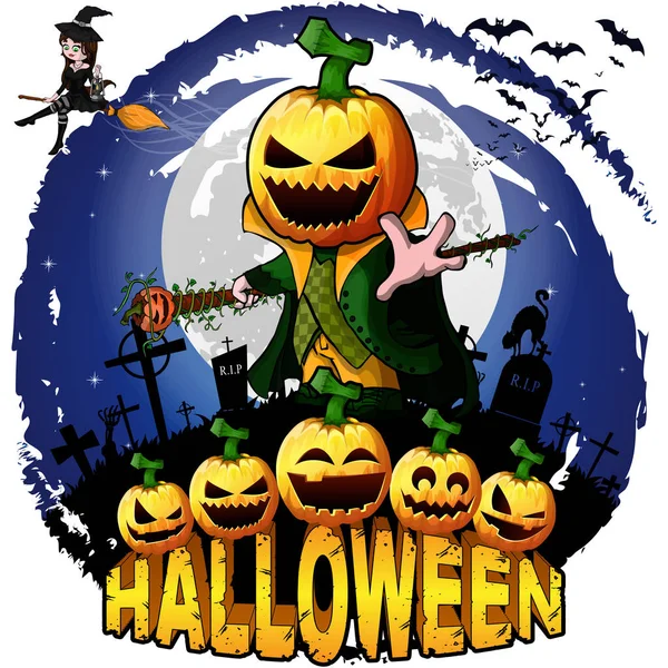 Halloween Design Vorlage Mit Kürbis Cartoon Figur Vektorillustration — Stockvektor