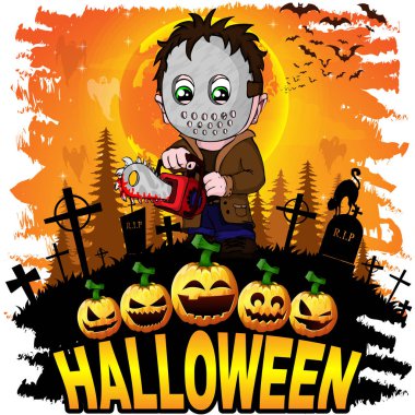 Vektör karakter seri katil maskesi ve testere ile.