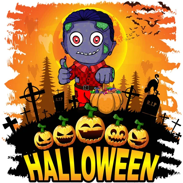 Tarjeta Felicitación Dibujos Animados Halloween Colorido Con Zombies Aterradores — Archivo Imágenes Vectoriales