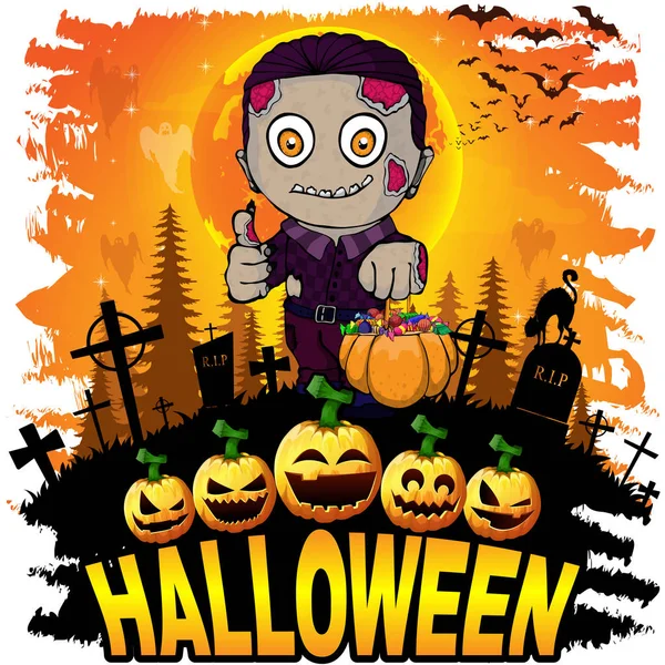 Tarjeta Felicitación Dibujos Animados Halloween Colorido Con Zombies Aterradores — Vector de stock