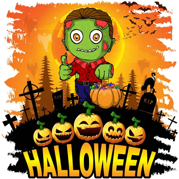 Színes Halloween Rajzfilm Üdvözlés Kártya Val Félelmetes Zombik — Stock Vector