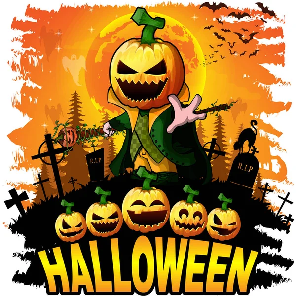 Modello Design Halloween Con Personaggio Cartone Animato Zucca Illustrazione Vettoriale — Vettoriale Stock