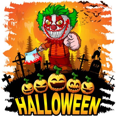 Şeytani palyaço Cadılar Bayramı tasarım şablonu. Vektör çizim.