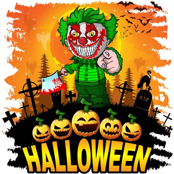 Modello Halloween Design Con Pagliaccio Malvagio Illustrazione Vettoriale — Vettoriale Stock