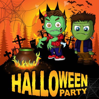 Cadılar Bayramı partisi Poster Frankenstein ve zombi. Vektör çizim.