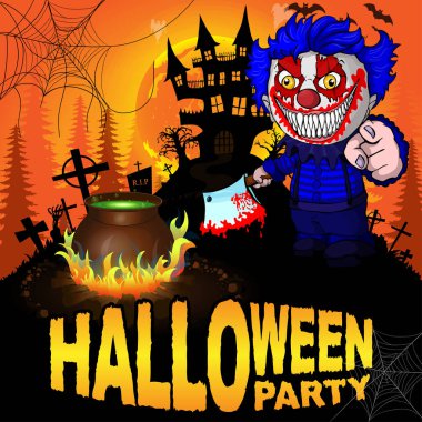 Cadılar Bayramı partisi Poster ile şeytani palyaço. Vektör çizim.