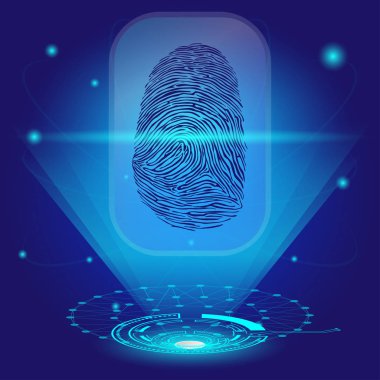 Siber güvenlik kavramı: Parmak izi arabirim geleceğin teknolojisi arka plan üzerinde.