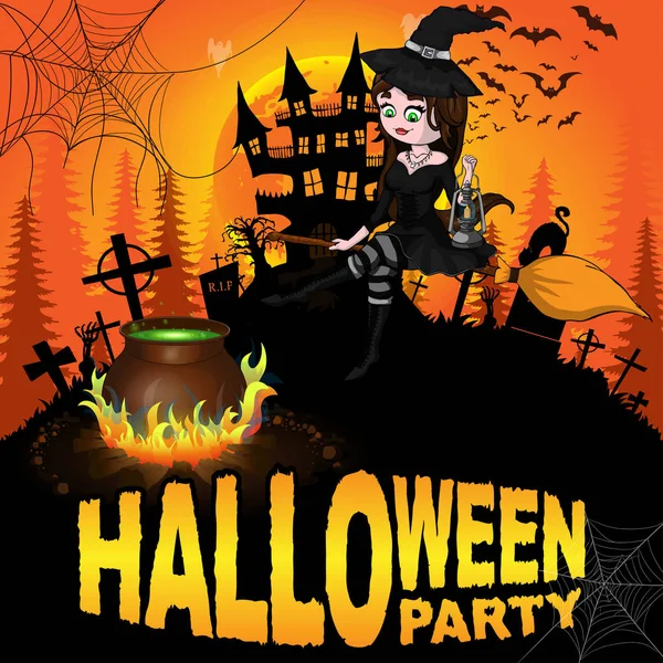 Cartel Fiesta Halloween Con Bruja Ilustración Vectorial — Vector de stock