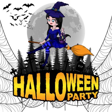 Cadılar Bayramı partisi Poster ile cadı beyaz izole zemin üzerinde. Vektör çizim.