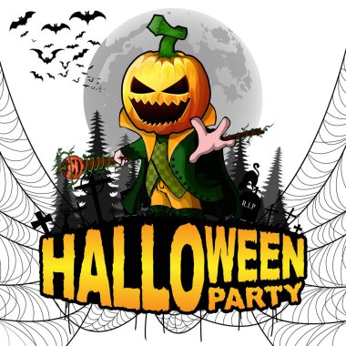 Cadılar Bayramı partisi Poster ile kabak çizgi film karakteri üzerinde beyaz bir arka plan izole. Vektör çizim.